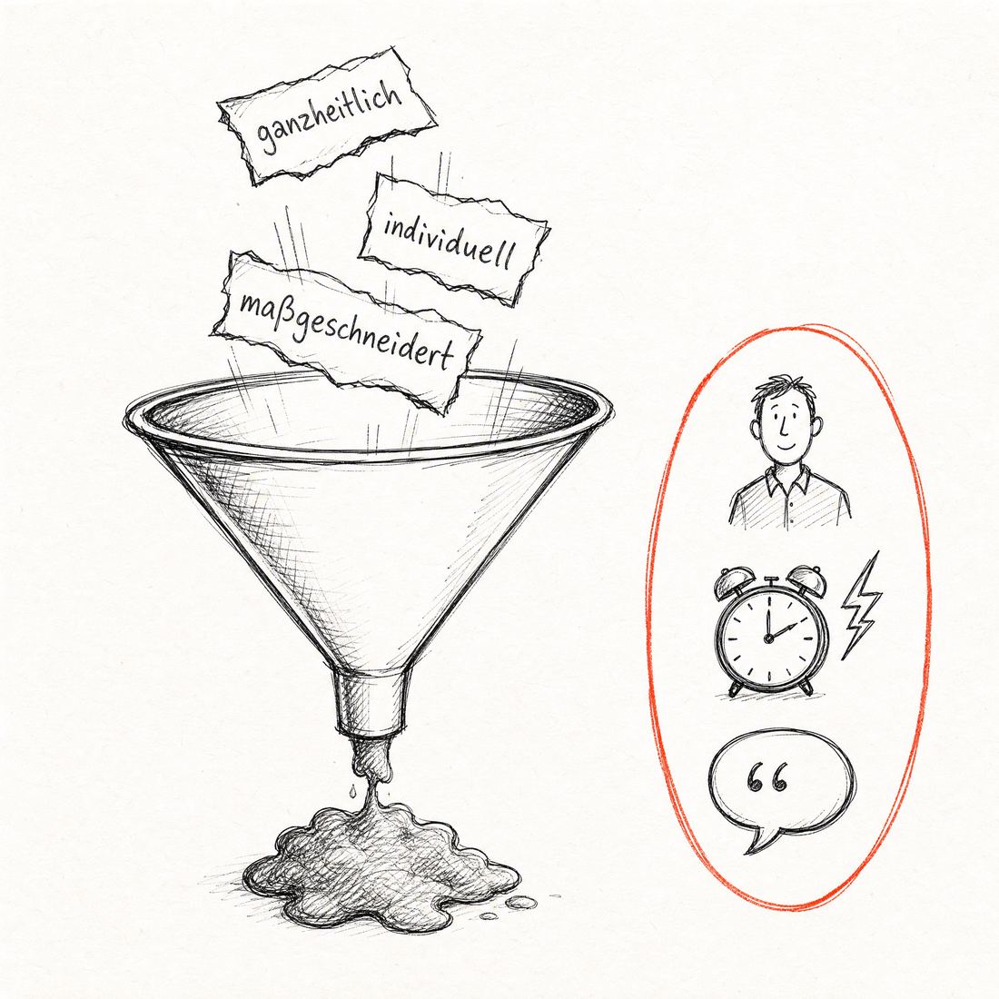 Skizze: Ein Trichter, in den generische Marketing-Wörter fallen und unten als Brei rauskommen; daneben drei Zutaten — ein Kunde, ein Auslöser-Moment, eine Sprechblase — mit Vermillion-Kreis drum